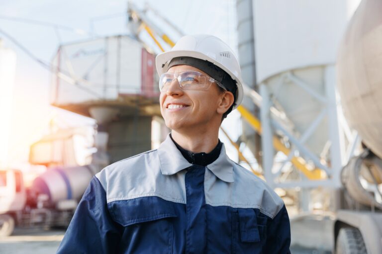 Portrait happy worker of concrete factory, young man in uniform with hard hat on background cement mixer truck.